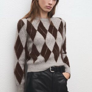 Mango Argyle Patterned Brown and Gray Sweater